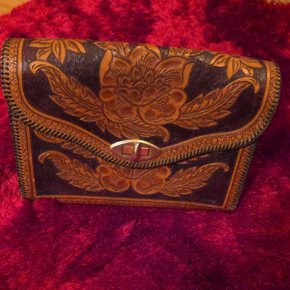 Hand Tooled Brown Leather Floral Bag